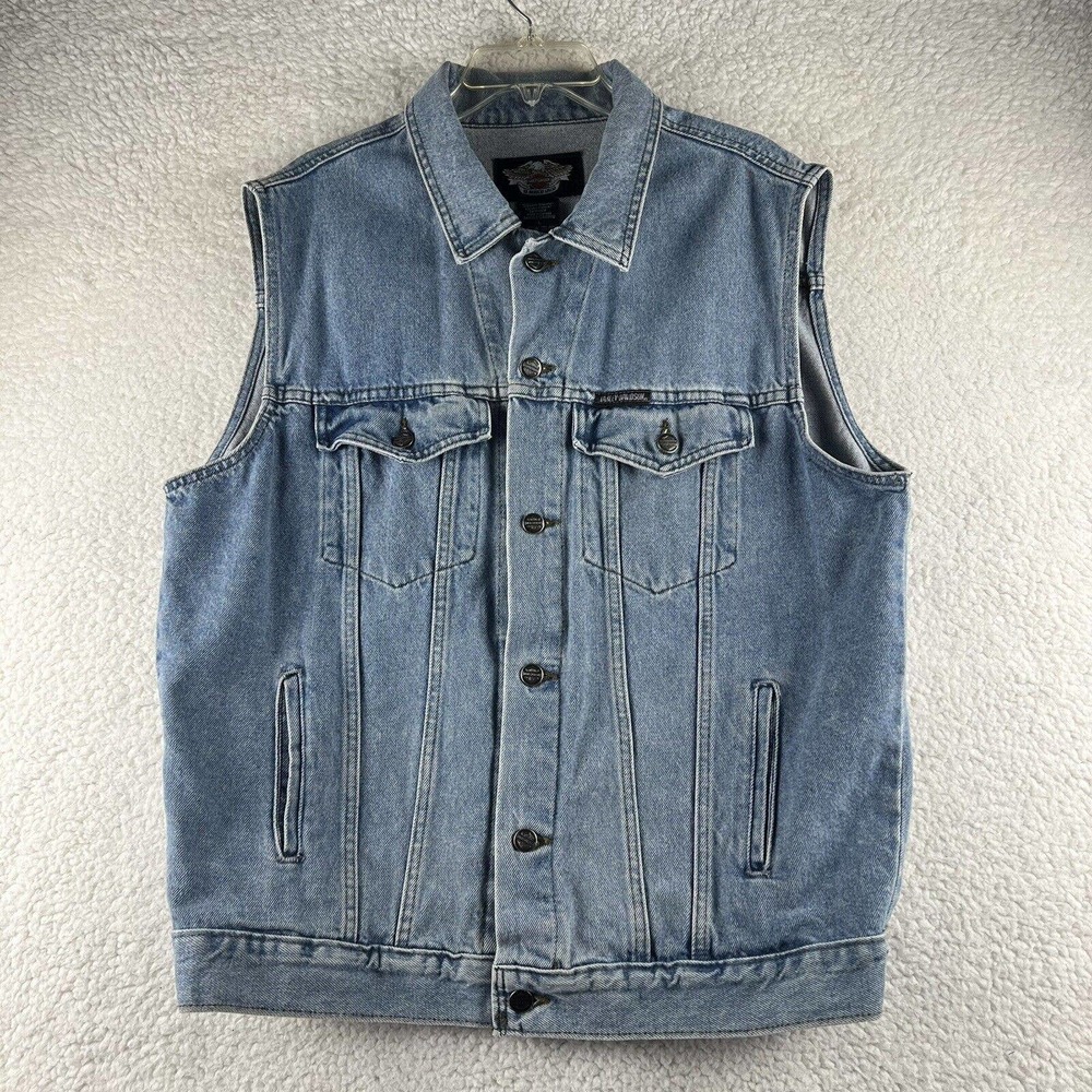 Harley Davidson Trucker Biker Blue Denim Vest Men’s Size L Made In Canada